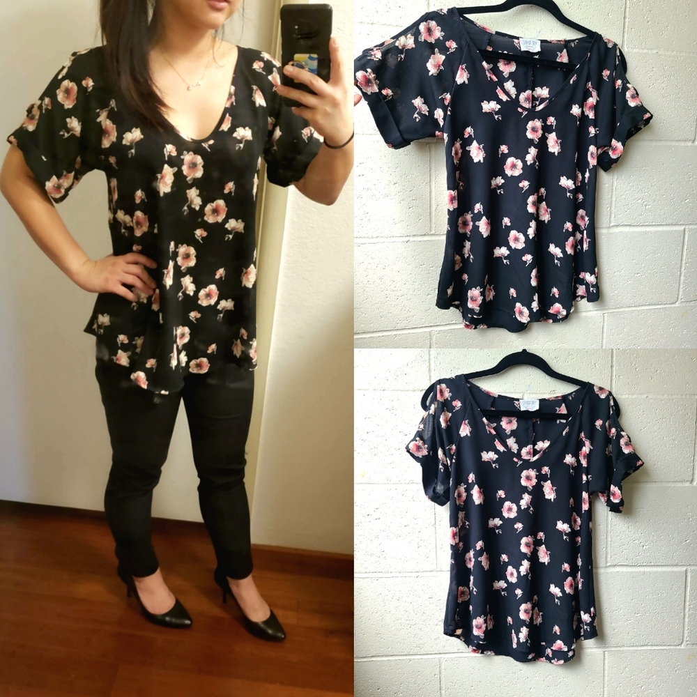 Sienna Sky - Black and Pink Blossom Cold Shoulder Top